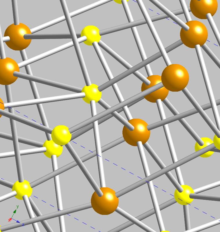 Figure 7 - 6-coordinate environments of iron (brown) and sulfur (yellow) inside the troilite structure.